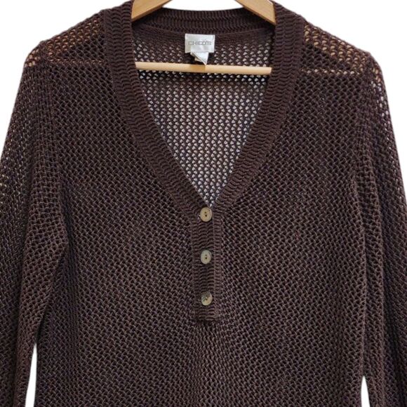 Chico's Top Womens L Brown Cotton Open Weave Long Slv Button Tunic Boho Beach - Picture 3 of 10
